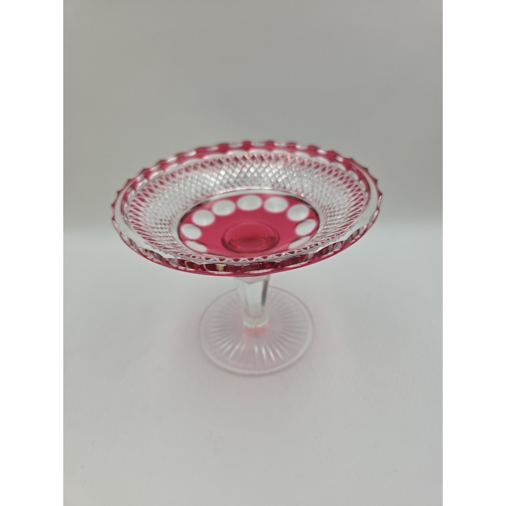 Vintage‎ Cranberry Flash Glass Compote 6" Diamond Point Thumbprint Pedestal Dish